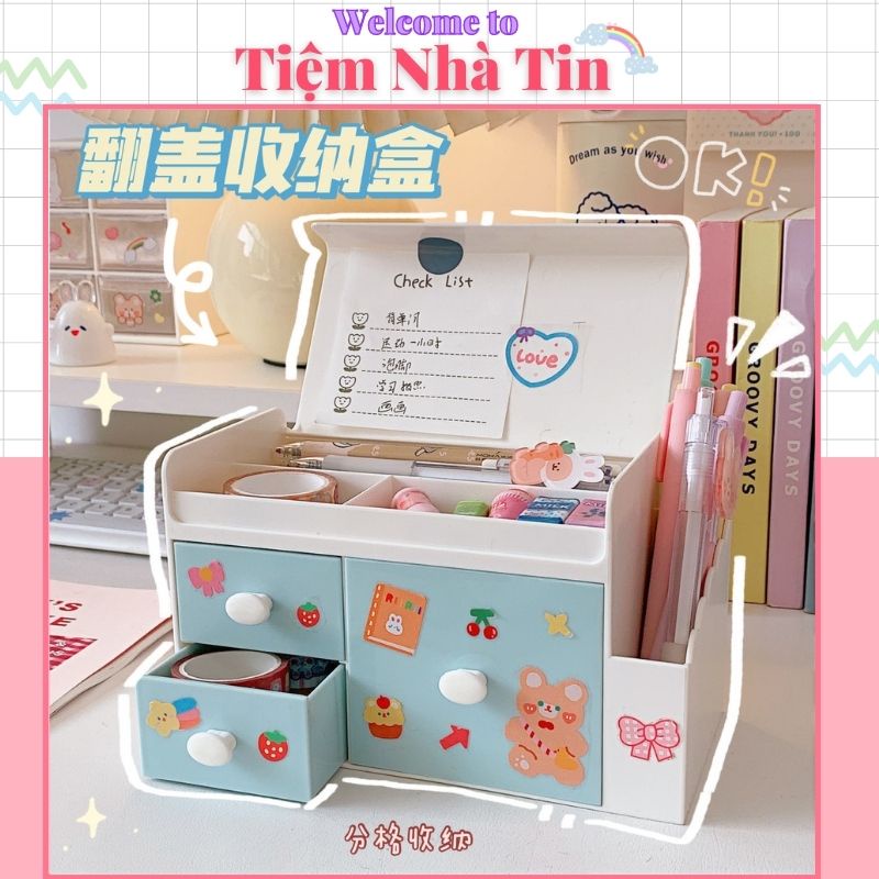 Kệ Đựng Đồ, Hộp Đựng Mỹ Phẩm, Dụng Cụ Học Tập, Đựng Bút Có Ngăn Kéo Mini Decor Để Bàn Xinh Xắn