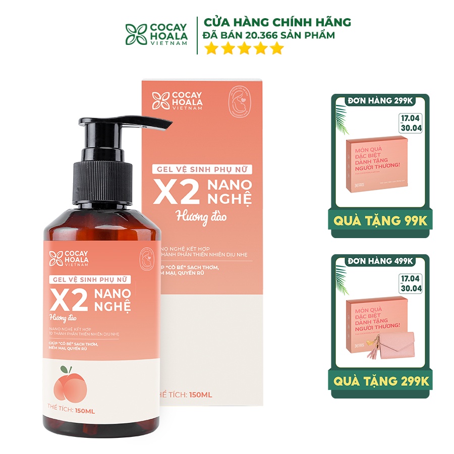 Dung dịch vệ sinh Phụ nữ Gel X2 Nano Nghệ Đào Chín Hồng Mềm Mại Lưu Hương 24h Cocayhoala - 150ml