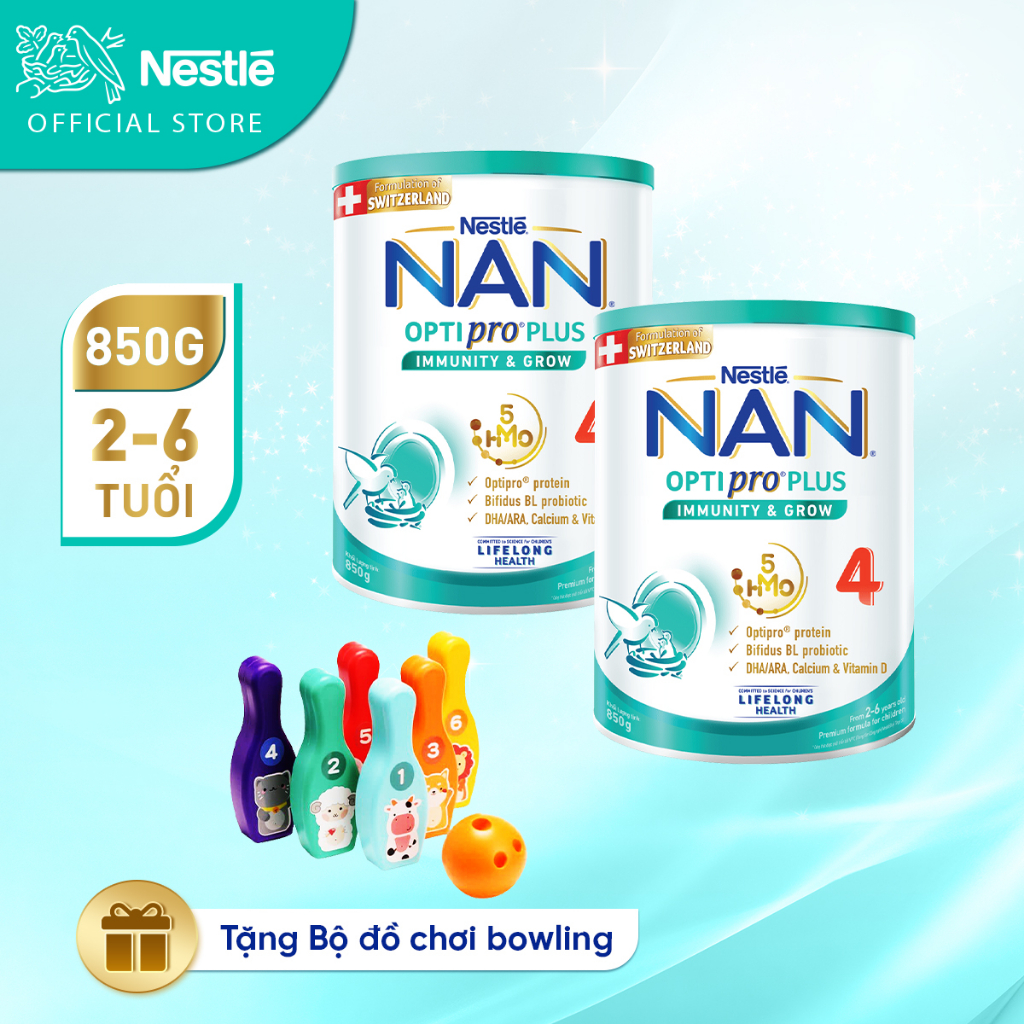 [Tặng Bộ đồ chơi bowling]  Bộ 2 lon Sữa bột Nestlé NAN OPTIPRO PLUS 4 850g/lon với 5HMO Giúp tiêu hóa tốt