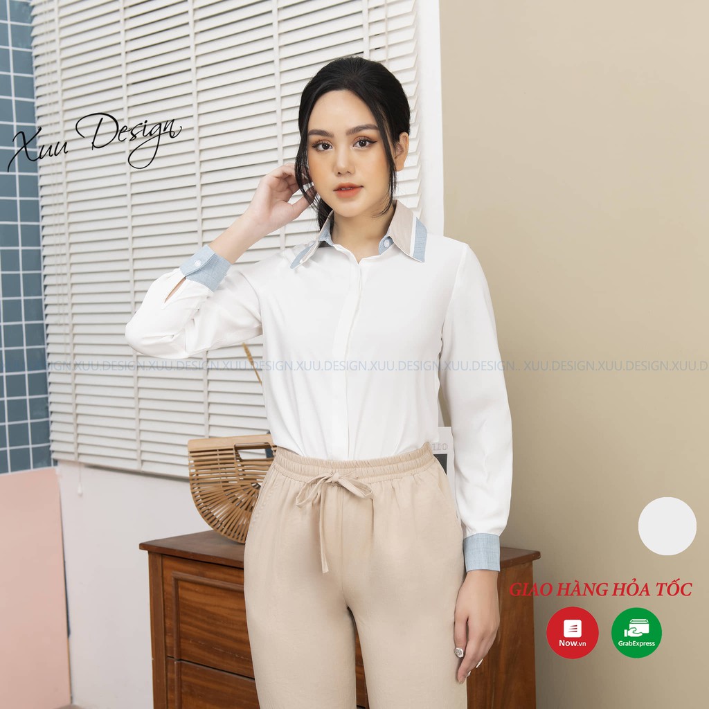 Áo sơ mi nữ công sở Xuu, chất lụa tay dài phối cổ - SP21 dai tay