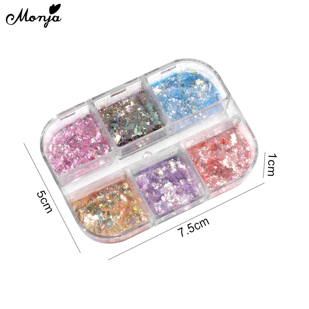 [Hàng mới về] Hộp bột kim tuyến Monja 6 màu sắc lấp lánh dùng trang trí móng tay