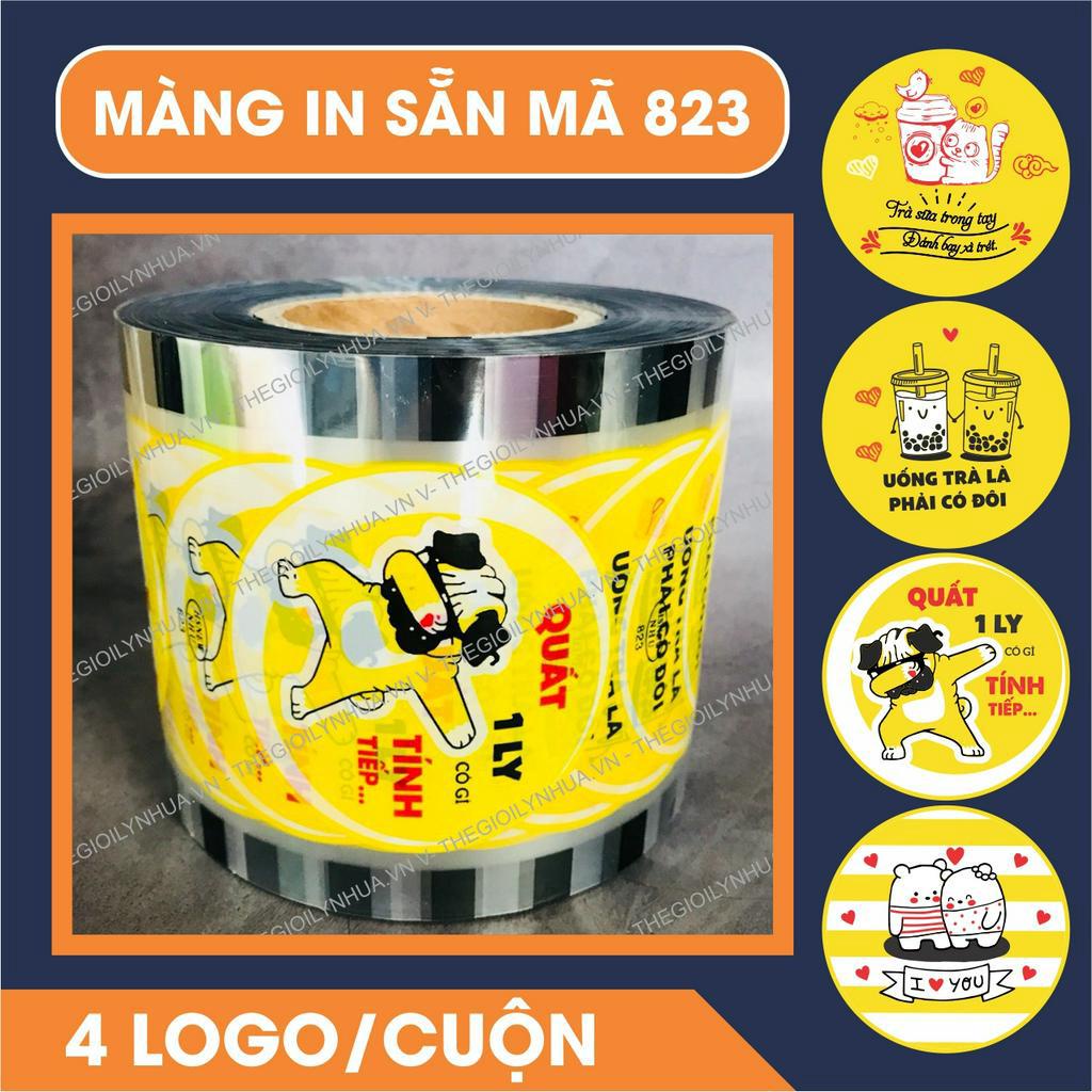 Màng dập ly nhựa, cuộn keo ép ly nhựa, màng ép ly trà sữa in sẵn dập các loại ly từ 300ml đến 700ml mã 823