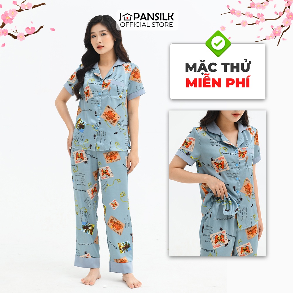 Bộ Ngủ Lụa Satin Pijama Cao Cấp JAPAN SILK Áo Cộc Quần Dài Họa Tiết Tem Thư Vintage