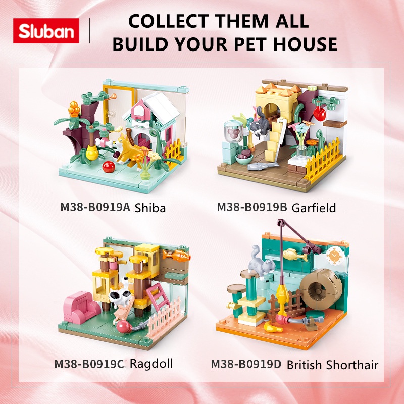 SLUBAN Bộ 4 Món Đồ Chơi Lắp Ráp Ngôi Nhà Mini 4 Trong 1 B0919 Cho Mèo Garfield