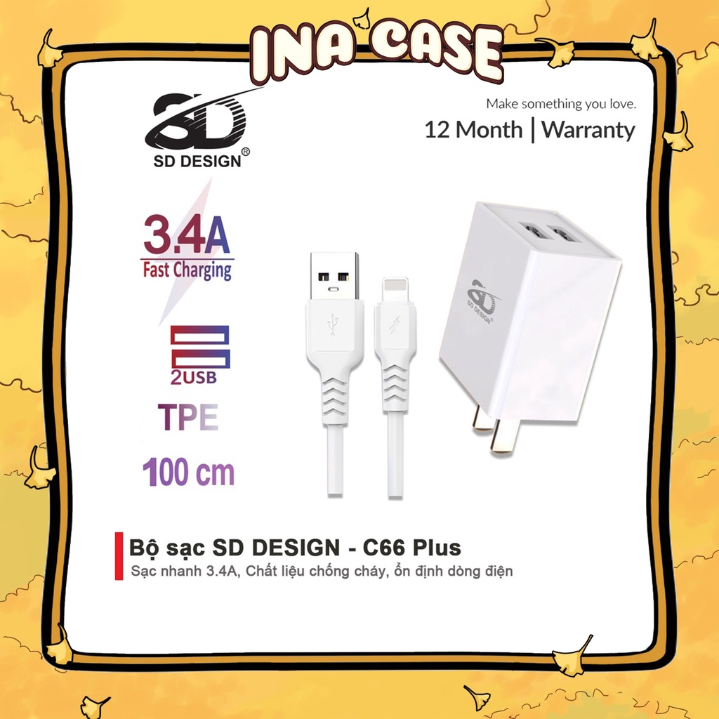 Bộ sạc nhanh C66 Plus 2 Cổng sạc Usb chính hãng SD DESIGN sạc nhanh an toàn cho điện thoại iphone, samsung, oppo, xiaomi