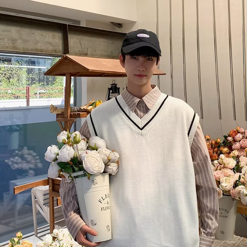 Áo Sweater Dệt Kim Không Tay Cổ Chữ V Màu Sắc Retro Nhật Bản Dành Cho Nam Nữ