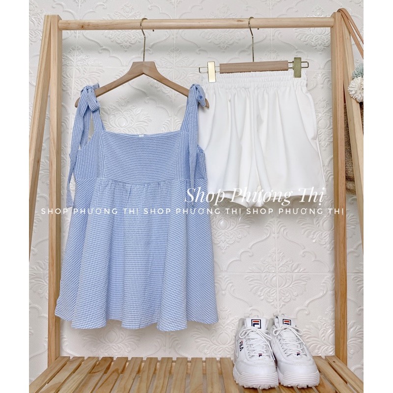 Sét áo babydoll buộc nơ vai kèm quần sooc - Sét áo váy tiểu thư xinh xắn (hình thật/sẵn)