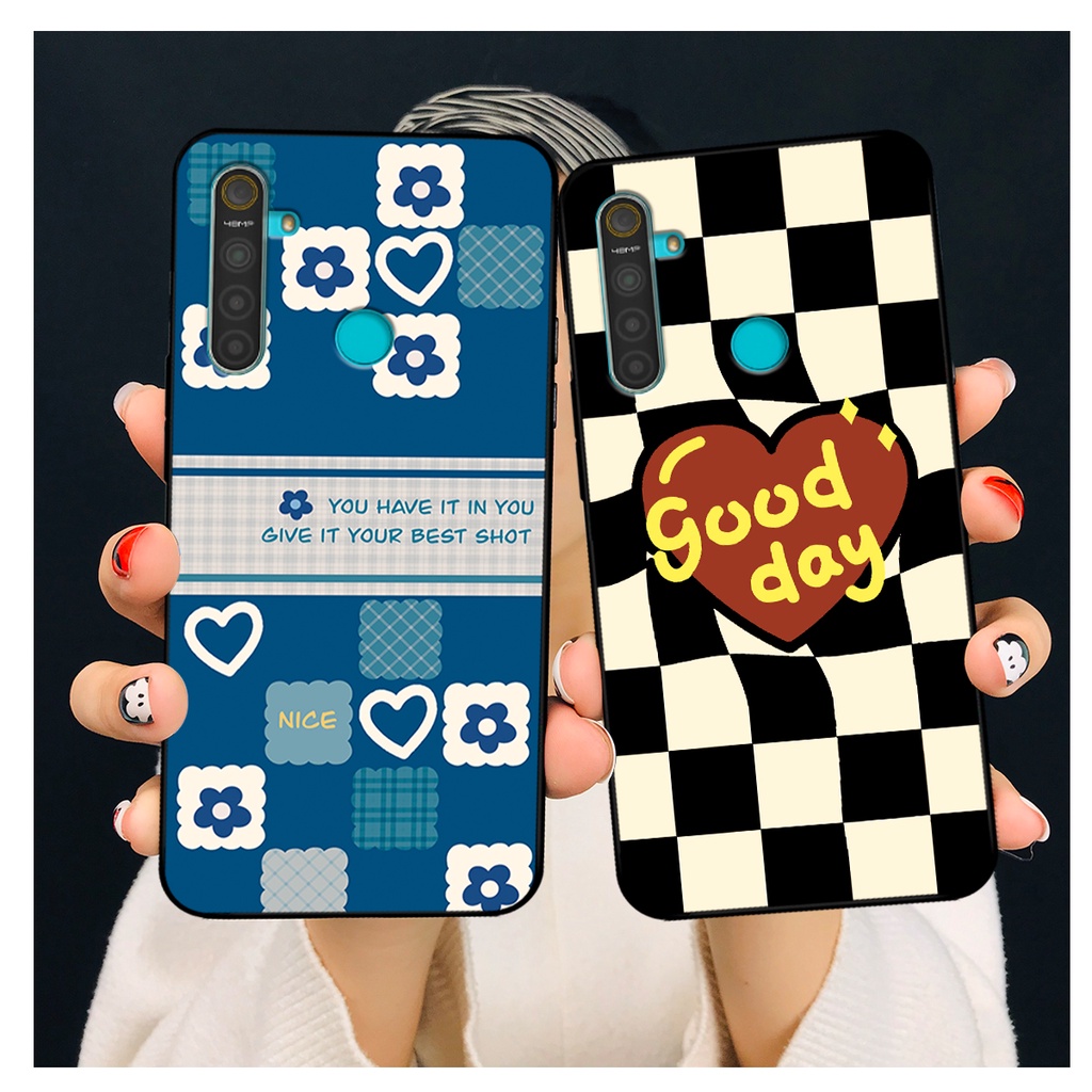 Ốp lưng Realme 5 / 5 Pro / C3 in hoạ tiết caro trái tim đen trắng, gấu bear cute đáng yêu