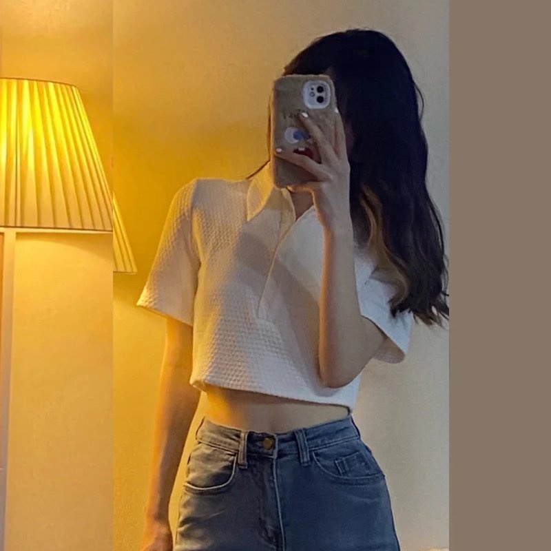 Áo thun cộc tay croptop nữ cổ polo vải tổ ong trơn trắng basic phom rộng dáng lửng suông hở eo sexy hàn quốc C812