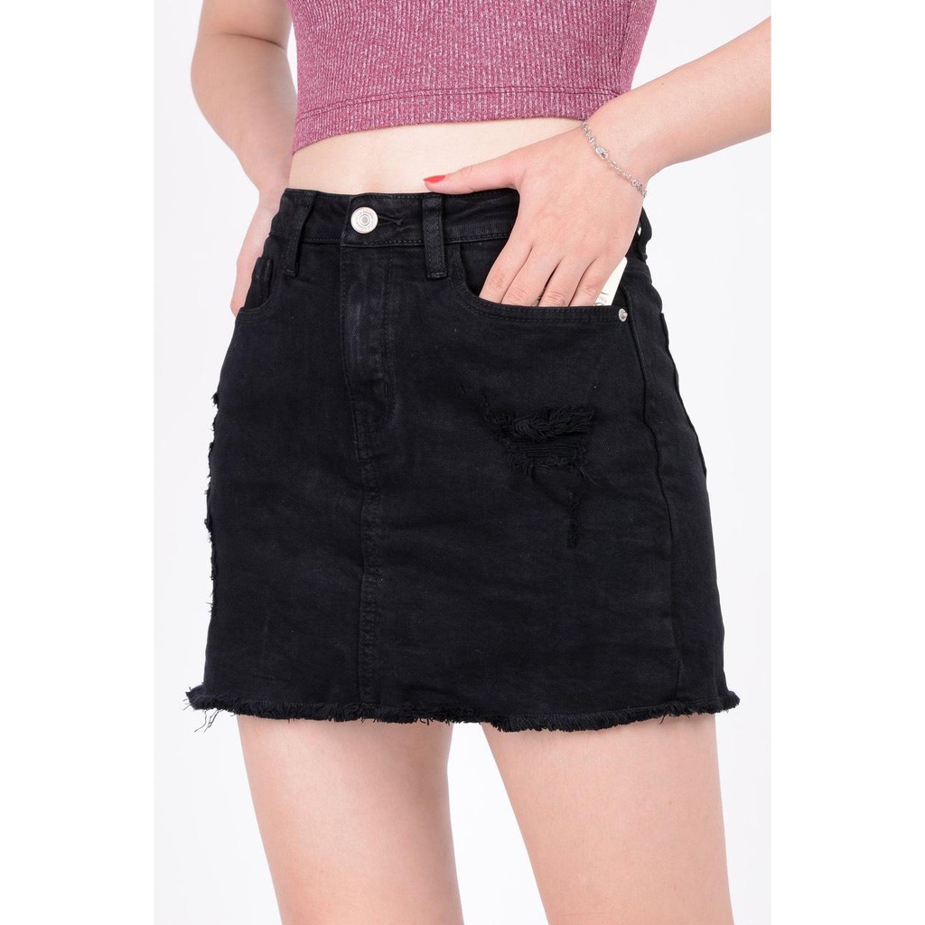 Chân váy jean nữ có quần bên trong đẹp lưng cao cạp cao đen trắng rách gấu tua rua hàng hiệu cao cấp mã 406 VANIZEN