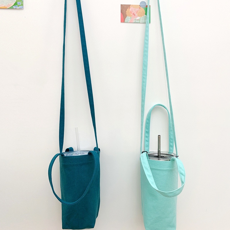 Túi Đựng Bình Nước Bằng Vải Canvas Màu Trơn Kèm Dây Đeo Tiện Dụng