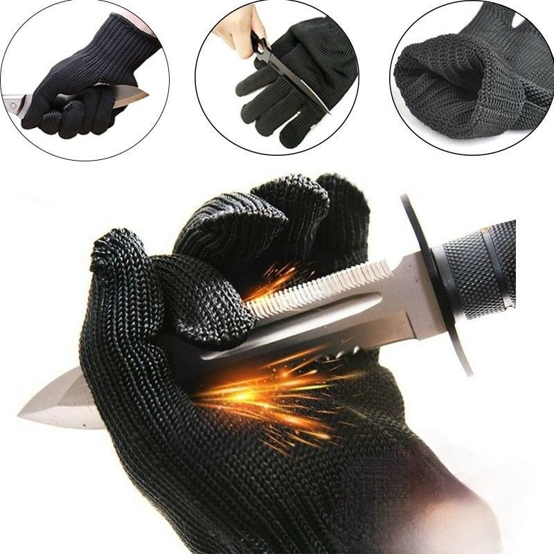 1 Đôi Găng Tay An Toàn Câu Cá / Săn Bắn Bằng Dây Thép Màu Đen Chống Cắt Tay Đa Năng