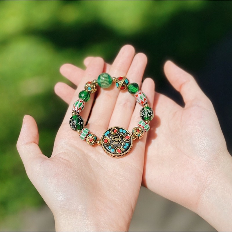 Vòng đeo tay Lưu Ly Tây Tạng mix charm đồng Inlay và Bát Nhã Tâm Kinh - Bình an may mắn hợp trợ duyên lành