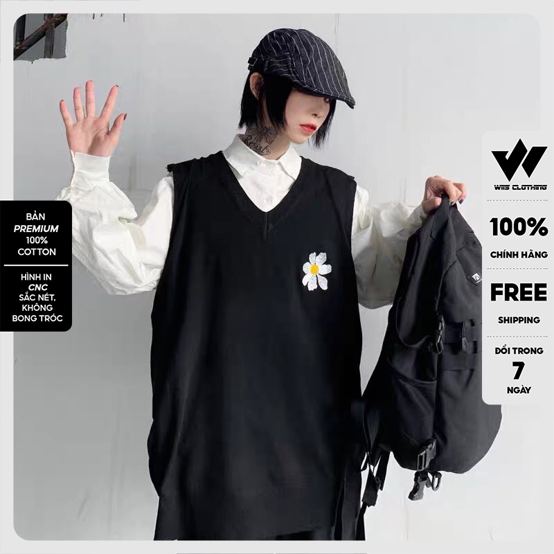 Áo gile unisex WIIS form rộng Thêu Hoa Cúc ,áo kiểu nam nữ oversize ulzzang
