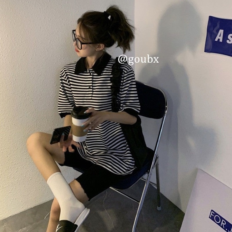 Áo Thun Tay Lửng Họa Tiết Sọc Đen Trắng Thời Trang Dành Cho Nữ