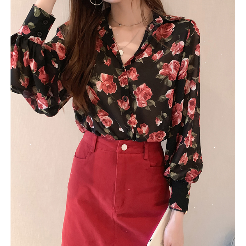 SUXI Áo Sơ Mi Chiffon Tay Dài Dáng Rộng In Hoa Kiểu Retro Xinh Xắn Cho Nữ