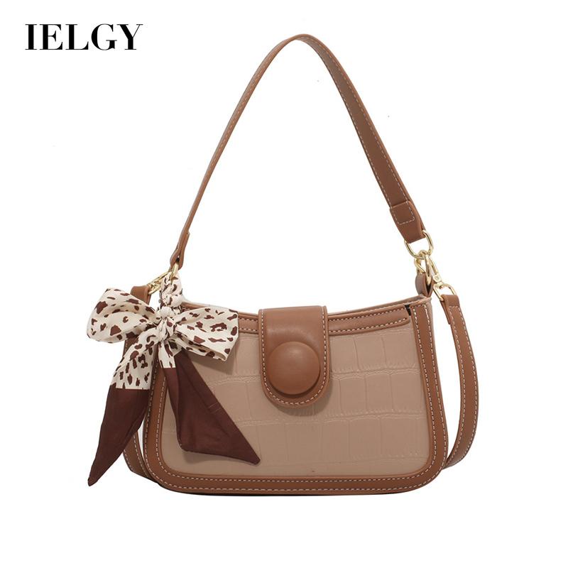 Túi xách đeo chéo IELGY kiểu ghép nối trang trí khăn lụa phong cách retro thời trang cho nữ