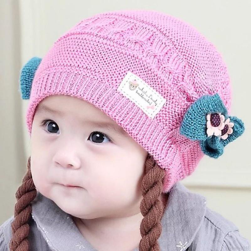 Mũ Cotton Giữ Ấm Mùa Đông Đính Nơ Kèm Tóc Bện Giả Cho Bé Gái