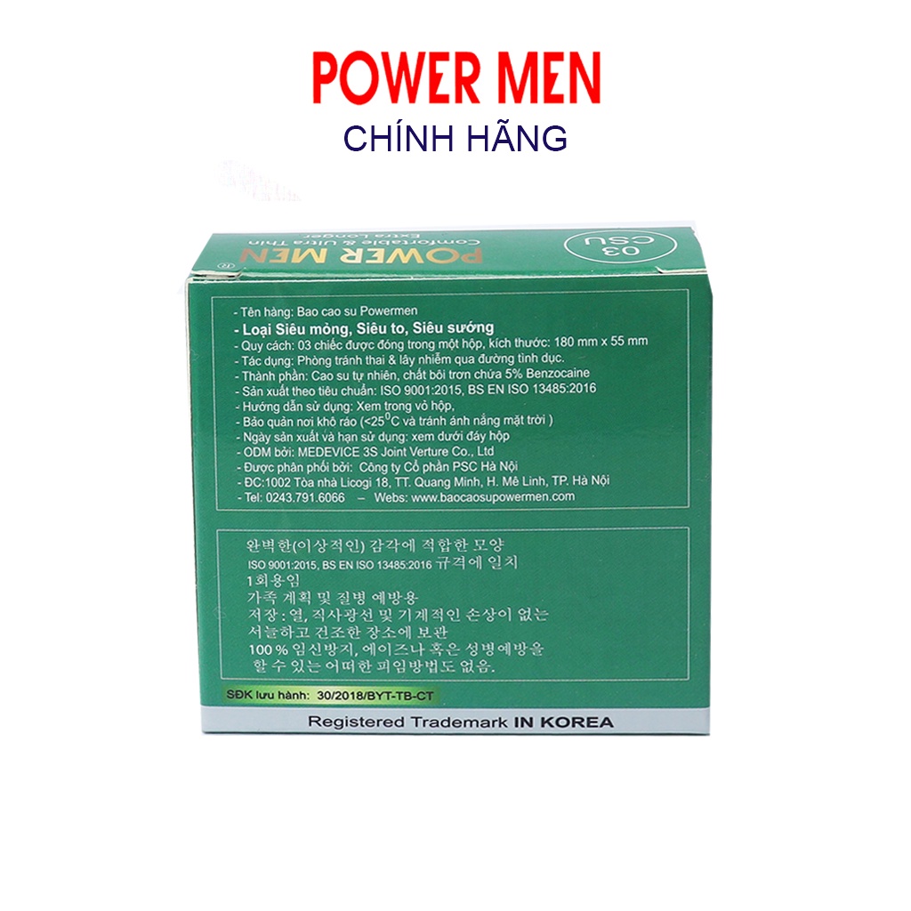 Bao cao su POWER MEN siêu mỏng, kéo dài size lớn 55mm, nhiều gel bôi trơn Hộp 3 bcs