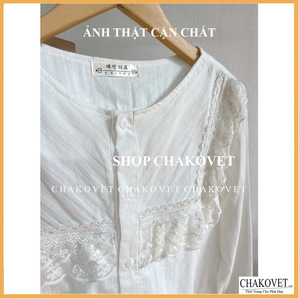 Áo sơ mi nữ dài tay màu trắng A875, kiểu áo nữ cổ tròn thiết kế 2 lớp ren ngực phong cách retro hàn quốc freesize <53kg | BigBuy360 - bigbuy360.vn