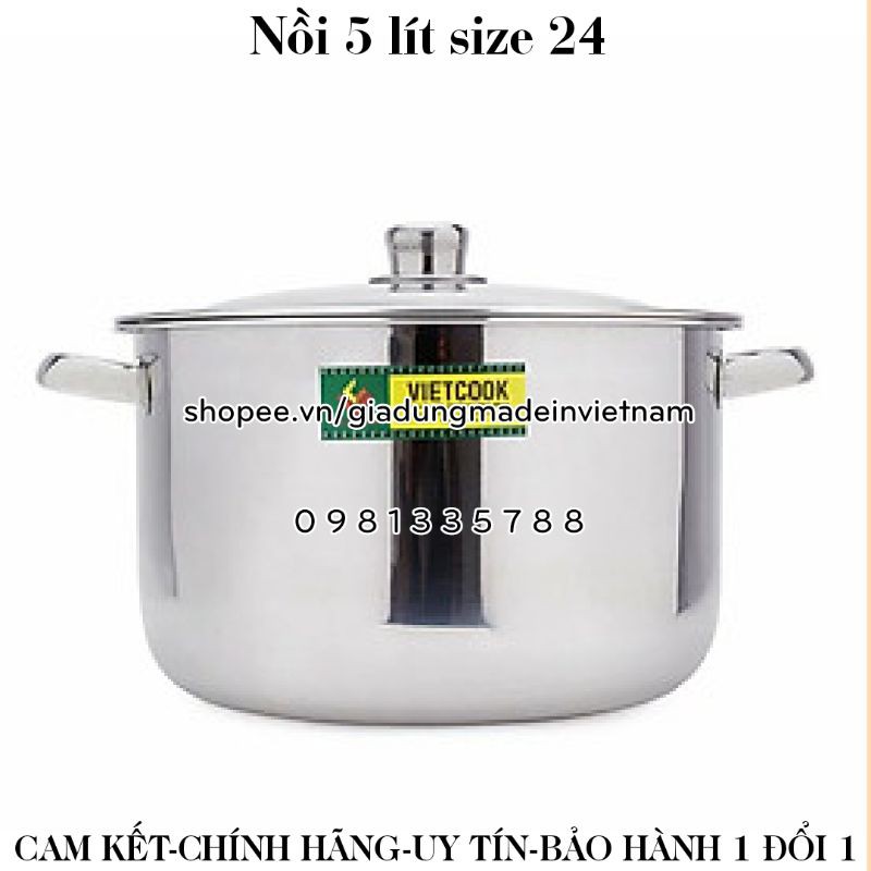 [VIETCOOK OFFICIAL] Nồi inox 5 lít Vietcook size 24 sử dụng trên bếp từ, nồi luộc gà nấu canh inox