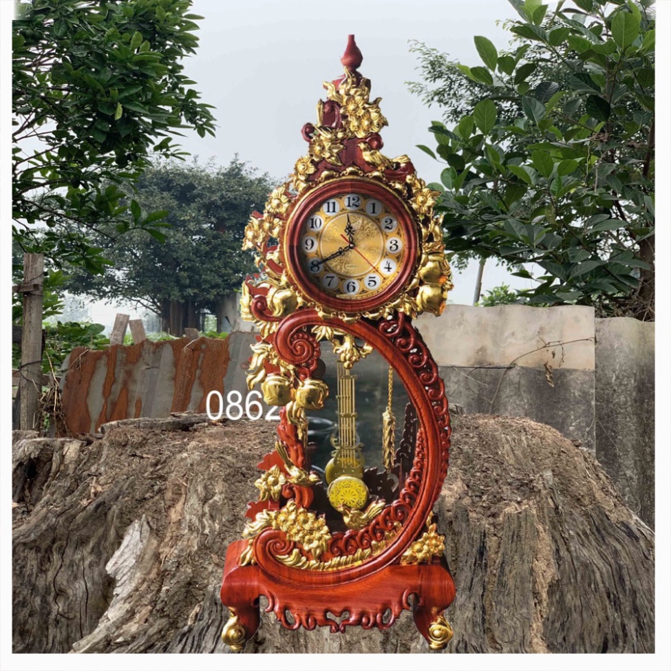 Đồng Hồ Để Bàn Quả Lắc Trạm Hoa Đào Chân Bệ Gỗ Hương Cao 110cm