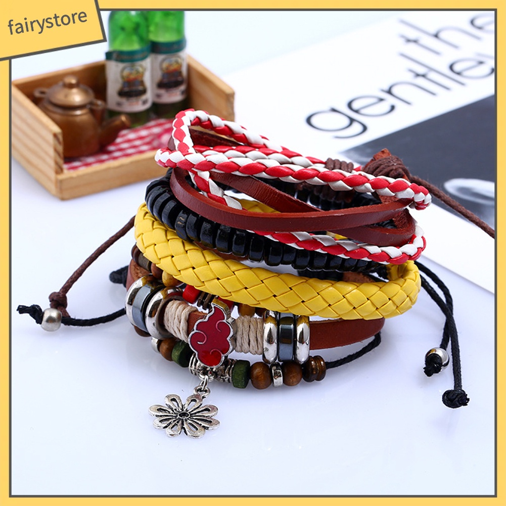 4 Vòng tay da giả nhiều lớp đính hạt gỗ phong cách dân tộc cổ điển cho nữ