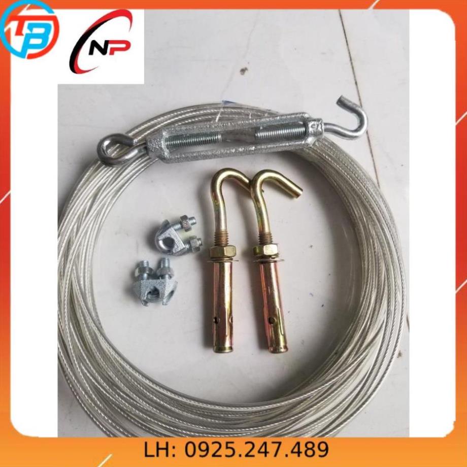 (HCM)Combo dây phơi quần áo mạ kẽm bọc nhựa chống rỉ sét(dây phi 4 phi 5 phi 6+2 taker sắt có móc 1 tăng đơ 2 khóa cáp).