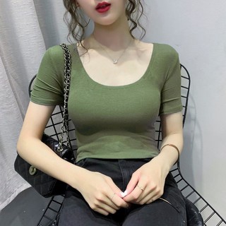 Áo phông ngắn tay cotton cổ chữ u kép có độ đàn hồi cao mùa hè mới dành cho phụ nữ với đường viền cổ lớn bó sát và ren đồng màu, áo sơ mi cổ thấp gợi cảm