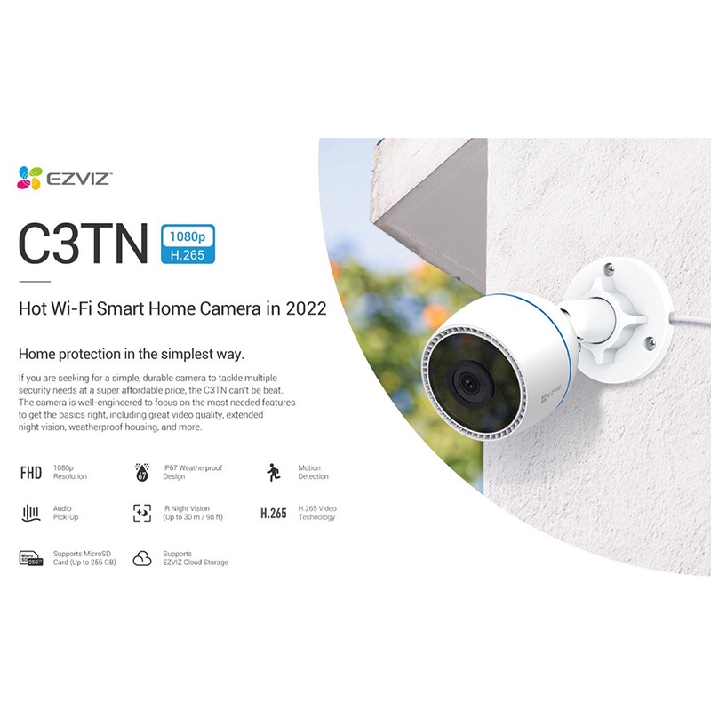 Camera IP Wifi Ezviz C3TN 2MP Full HD 1080P, C3TN Outpro 3Mp (Camera Ngoài Trời)-Hàng Chính Hãng