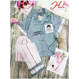 Bộ ngủ Pijama lụa satin phối bèo