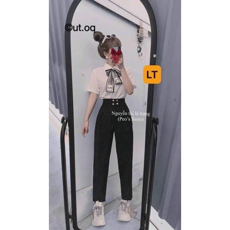 Set quần tây baggy nút phối áo sơmi nơ