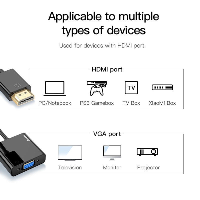 Baseus HDMI để VGA cáp HDMI VGA adapter kỹ thuật số HDMI để VGA Jack 3,5 mm chuyển đổi video aux Audio splitter cho máy tính xách tay PS4 TV