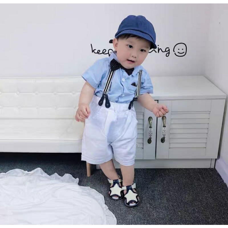 Quần áo sơ sinh cho bé trai  áo sơ mi xanh quần yếm short trắng vải lụa mềm mại thoải mái cho bé vận động
