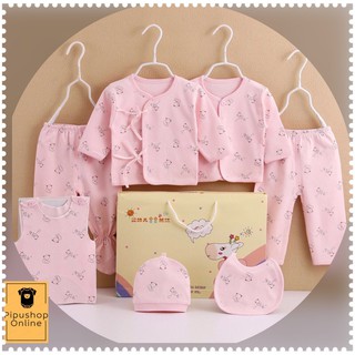 [Mẫu 2021]Set đồ sơ sinh hoạ tiết vịt con -  quà tặng cho bé 07 chi tiết coton có hộp sang chảnh