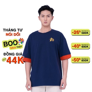 Áo Thun BOO Nam Oversize Dáng Rộng 100%Cotton in Hình Cá Tính Phối Viền Tay Đỏ
