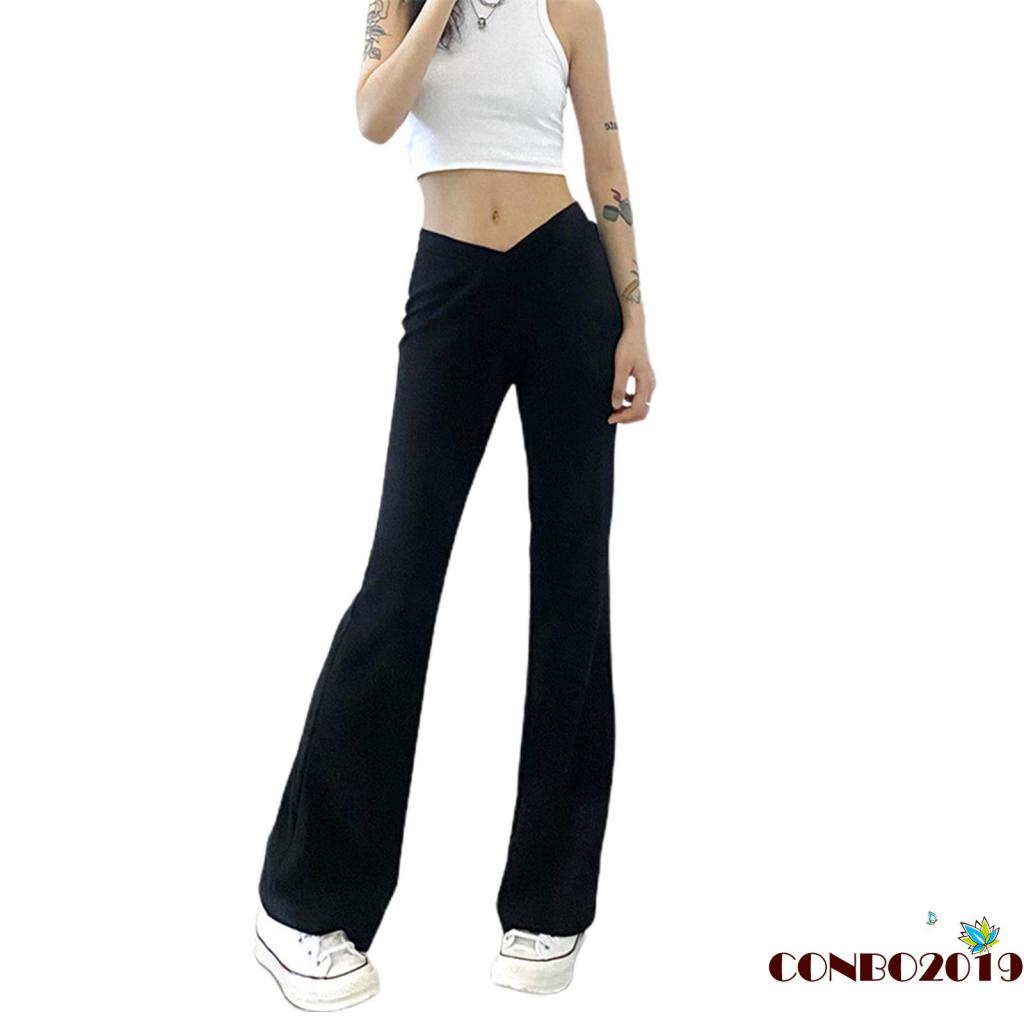 Hgm-quần Ống Loe Lưng Thấp Màu Trơn Đơn Giản Cho Nữ Size S/ M/ L