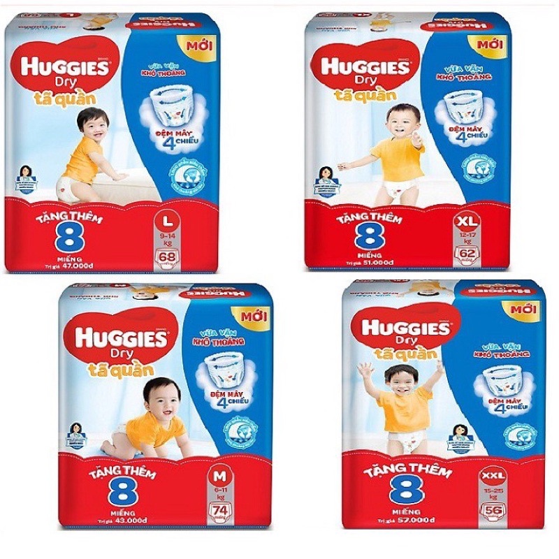 Bỉm Huggies quần M74/L68/XL62/XXL56(đệm mây mới co dãn 4 chiều)