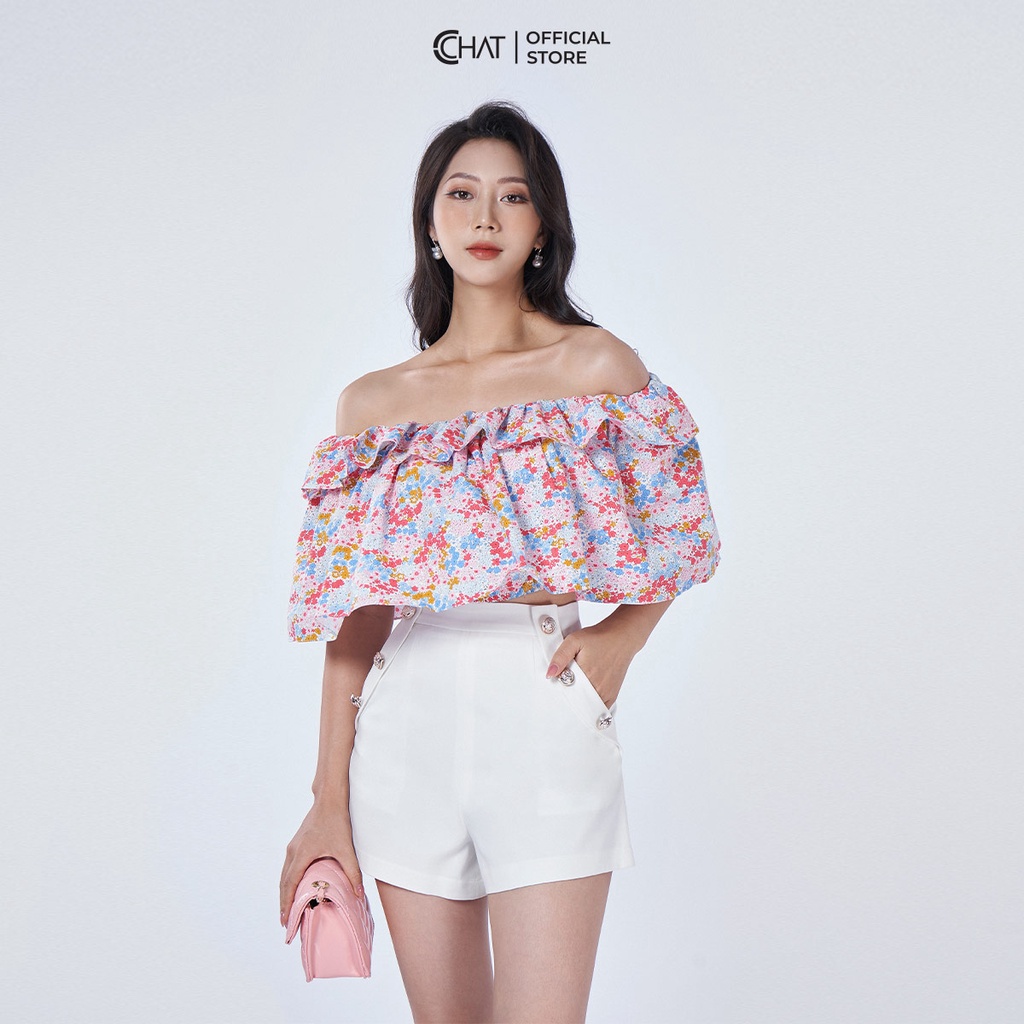 Áo Kiểu Nữ 𝐂𝐂𝐇𝐀𝐓 Trễ Vai Họa Tiết 2 Tầng Bèo Chất Thô Cao Cấp 92ANT5001AT