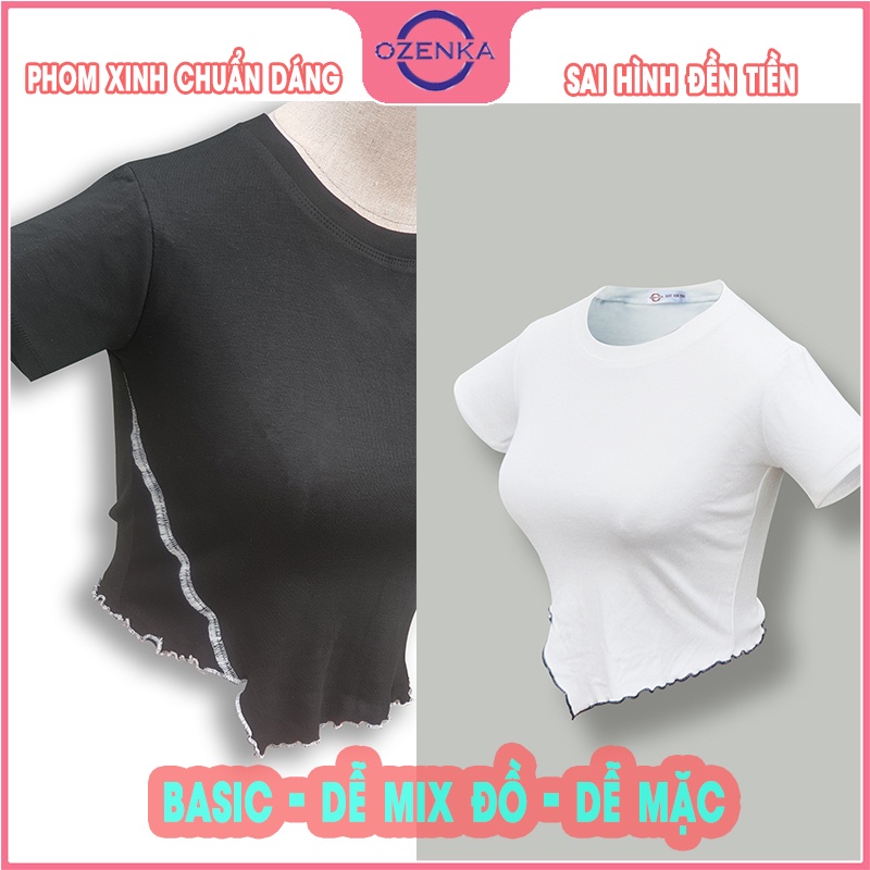 Áo croptop ngắn tay cổ tròn ôm body nữ OZENKA , áo crt vạt lệch cải viền rẻ đẹp màu đen trắng dưới 50 cân