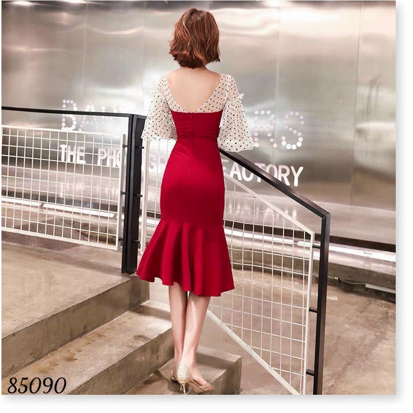 ĐẦM BODY ĐUÔI CÁ TAY PHỐI LƯỚI CHẤM BI TIỂU THƯ SIÊU XINH