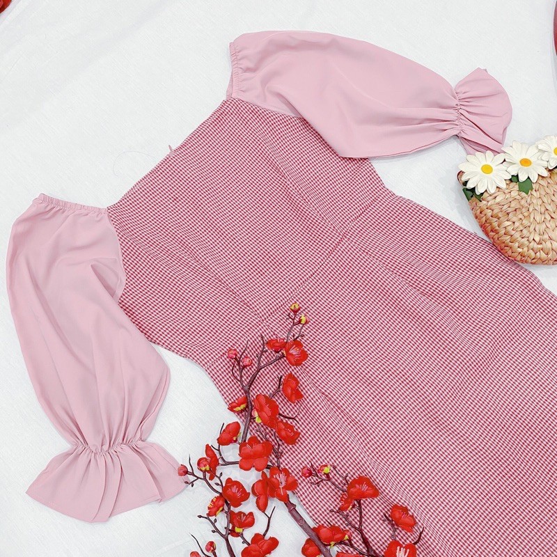 Đầm caro hồng phối tay voan hồng (kèm hình thật)