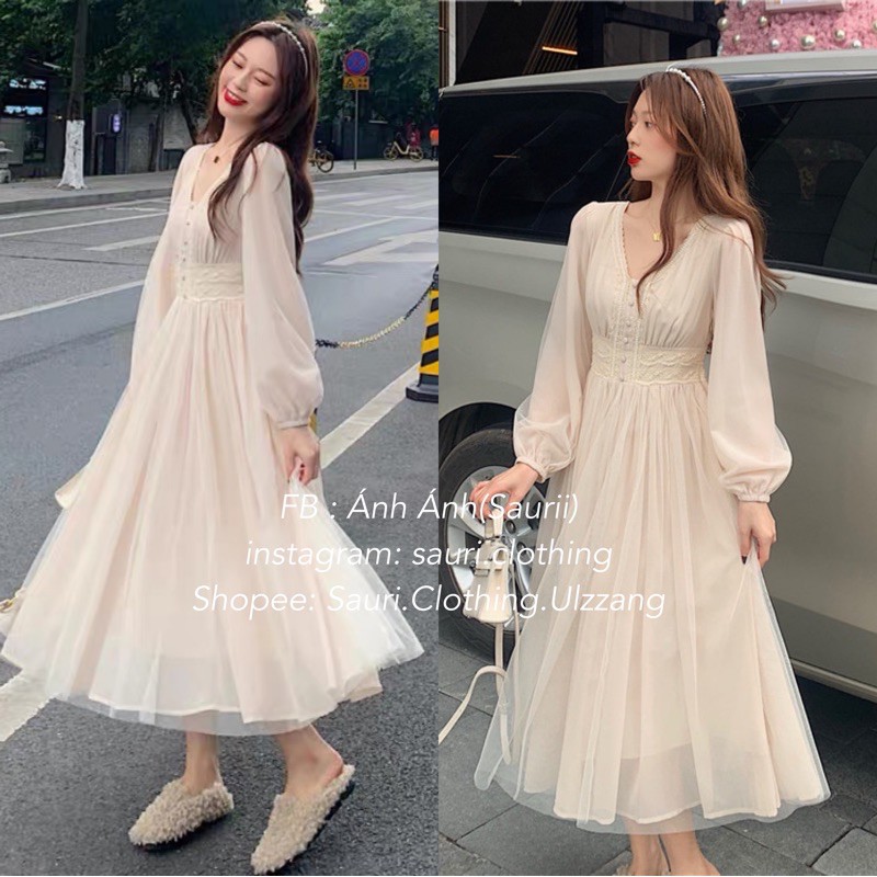 SẴN🖤Đầm 3 lớp công chúa bồng bềnh cổ ngọc siêu xinh|Đầm xoè maxi ulzzang lưới tiểu thư dạo phố vintage retro cổ tích