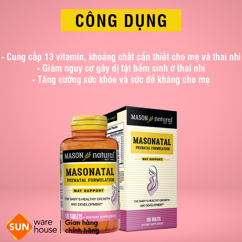 Viên Uống Tổng Hợp Vitamin MASON NATURAL Prenatal Formulation 100 Viên Cho Phụ Nữ Mang Thai Và Cho Con Bú
