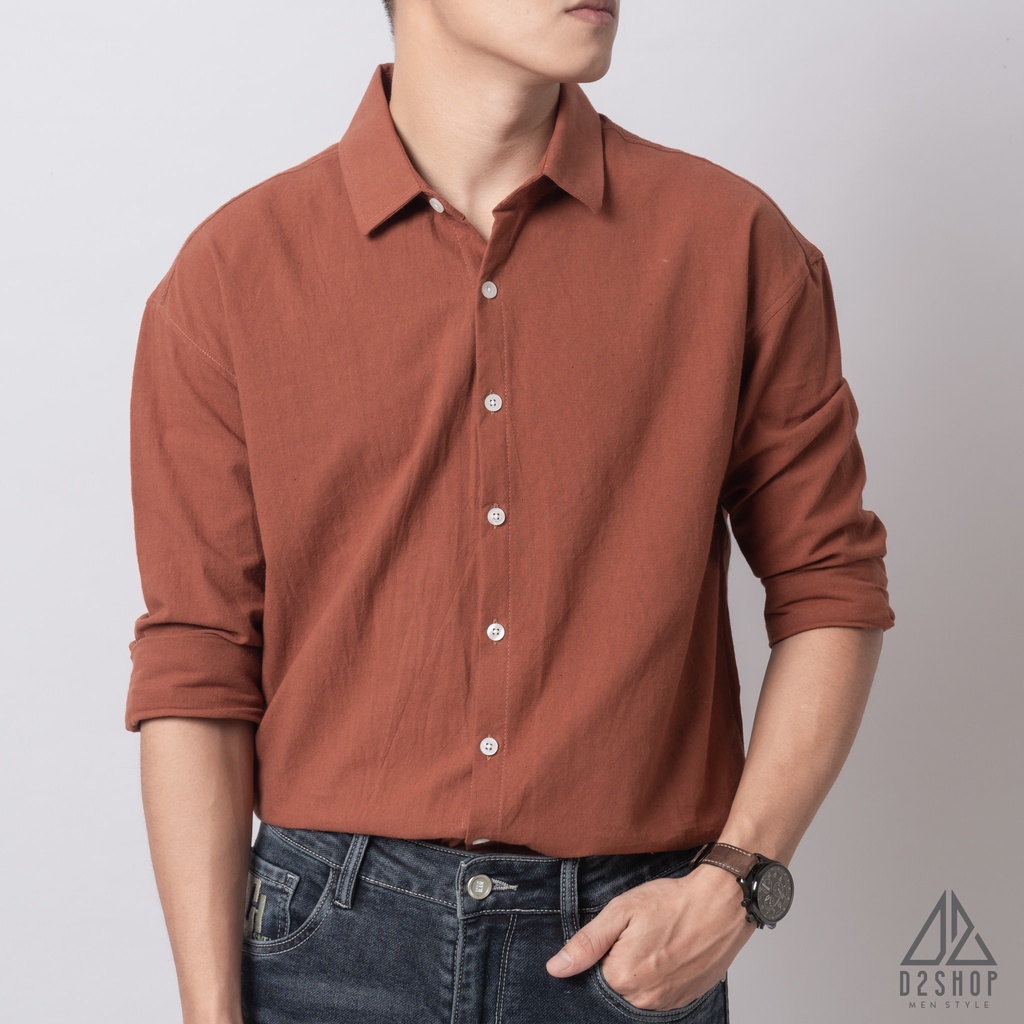 Áo sơ mi D2shop, áo sơ mi nam dài tay vải linen trơn, màu cam đất
