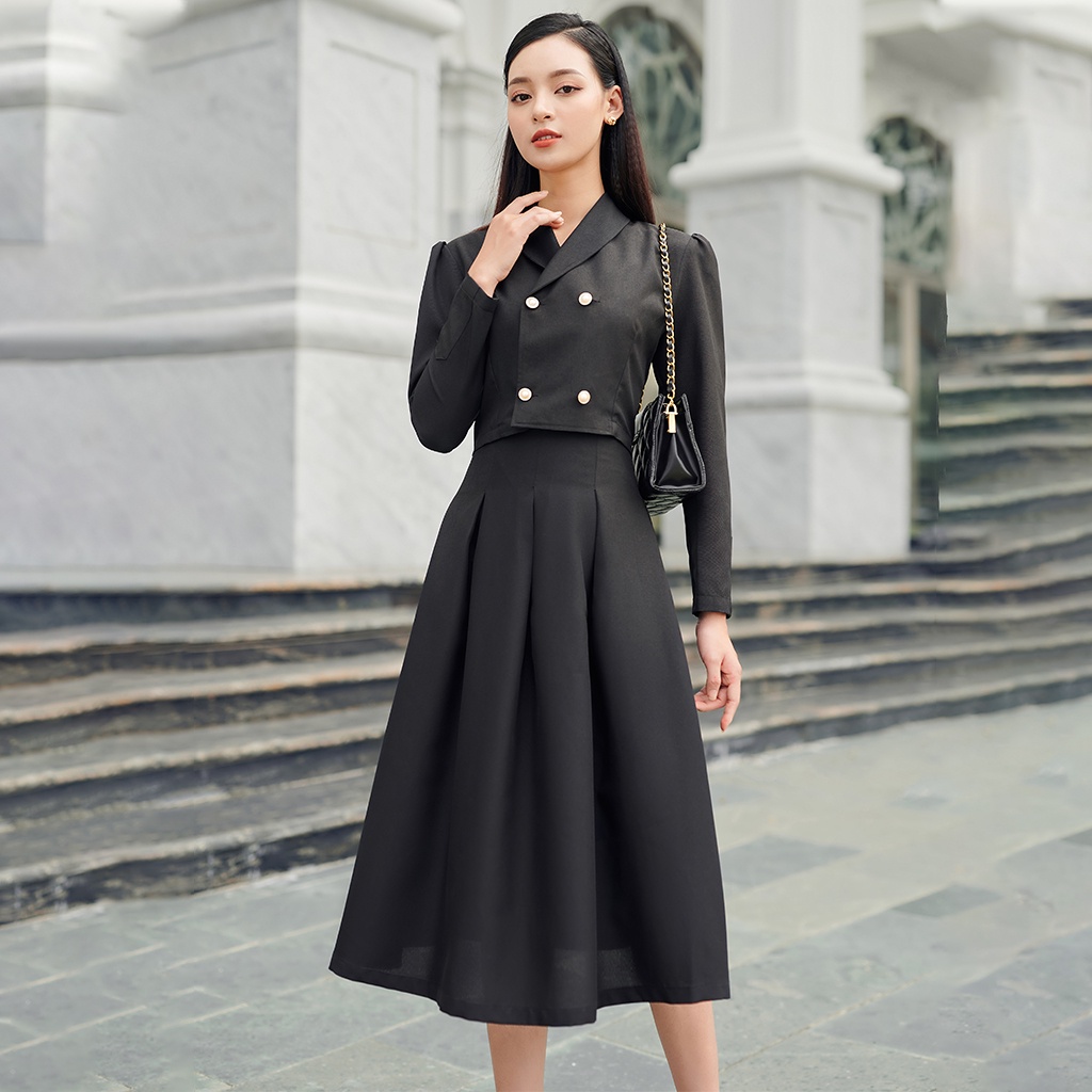Váy Công Sở Dài Tay LEOSWEARING Set Chân Váy Xòe Xếp Ly Có Túi 2 Bên Áo Sơ Mi Croptop Tay Dài Cổ Vest D48 | BigBuy360 - bigbuy360.vn