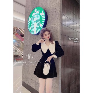 Đầm xòe nhung phối cổ bèo trắng tay dài!