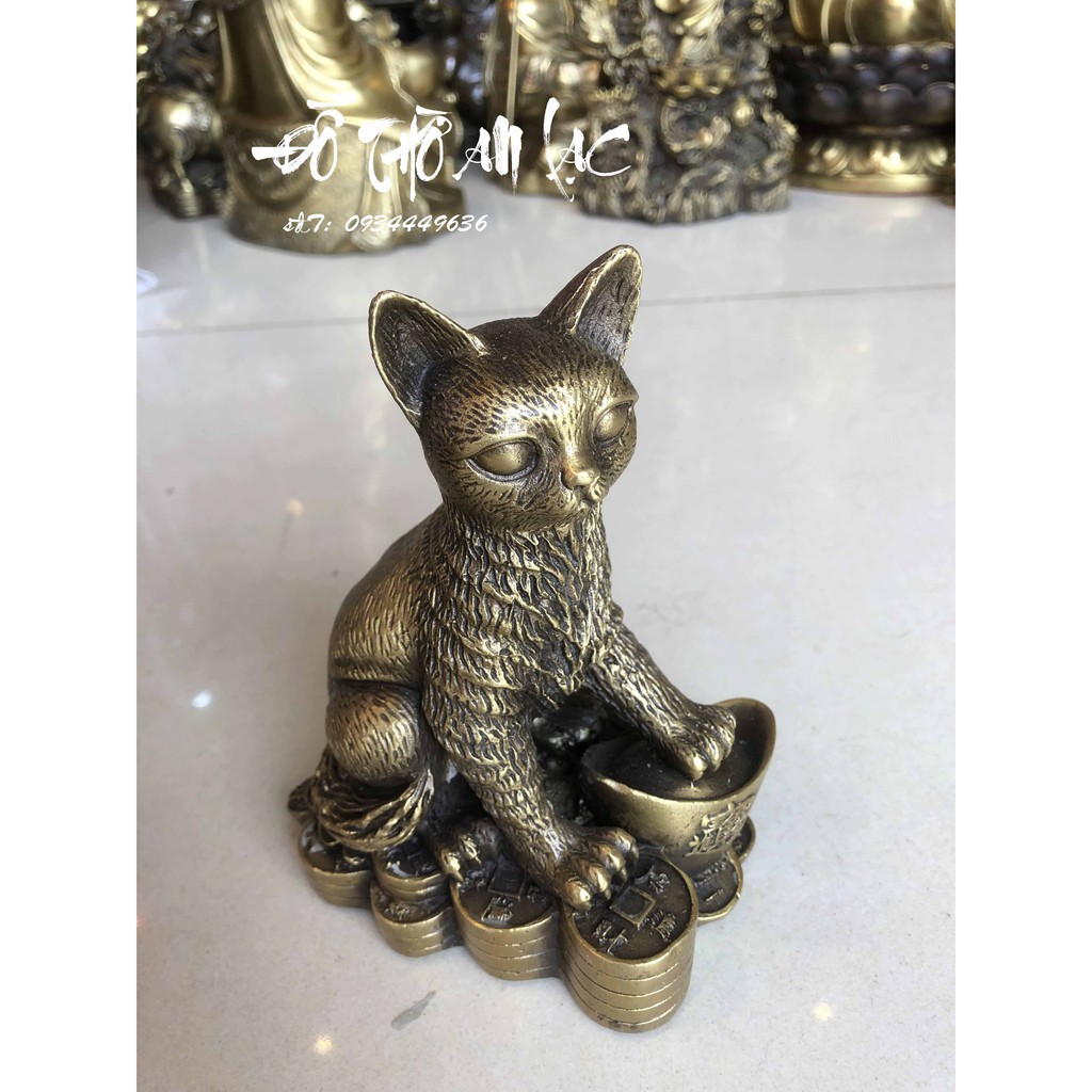 Tượng Mèo Tài Lộc Bằng Đồng – Mèo Đứng Trên Thỏi Vàng Đẩy Đủ Kích Thước - Đồ Phong Thủy Cao Cấp