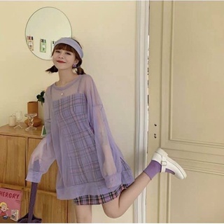 Set váy đầm nữ hai dây kẻ tím mix áo voan tím freesize cực xinh - váy 2 dây freesize kẻ caro màu tím hot trend VV18