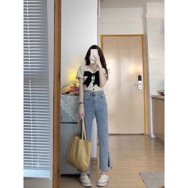 [Ảnh thật] Quần jean xẻ gấu ống loe tua rua - Quần bò ống loe xẻ bên gấu